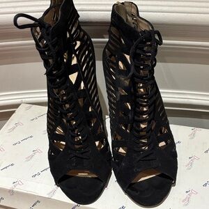 Women's Black Lace-Up Cutout Peep-Toe  suede Heels